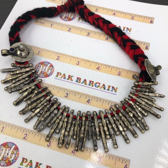 Red Handmade Metal Choker Necklace, Spikes Choker Antique Necklace, Kuchi Tribal - Picture 4 of 9